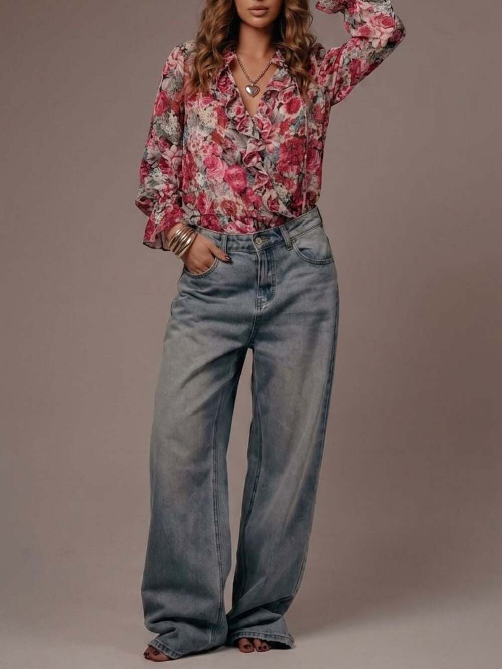 Zara Floral Print V-Neck Ruffled Blouse